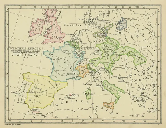 Framed Print : Old chromolithograph map of Western Europe showing the principal changes affected by the Treaties of Utrecht and Rastatt (1713) Framed Print : Old chromolithograph map of Western Europe showing the principal changes affected by the Treaties of Utrecht and Rastatt (1713)