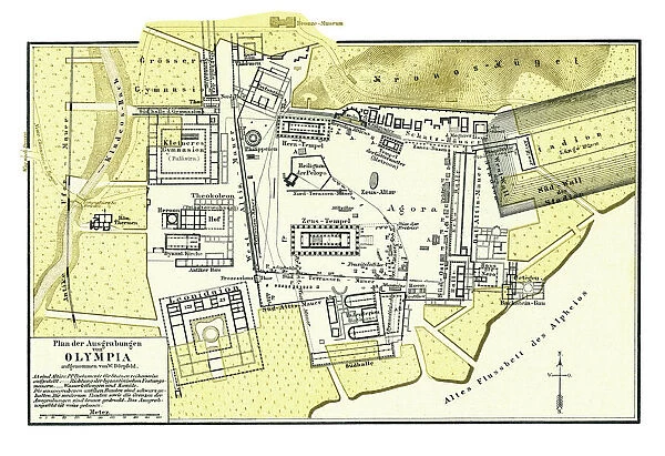 Old chromolithograph plan of the excavations of Olimpia, small town in Elis on the Peloponnese peninsula in Greece