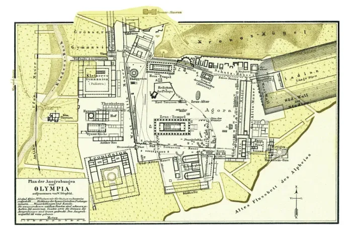 Framed Print : Old chromolithograph plan of the excavations of Olimpia, small town in Elis on the Peloponnese peninsula in Greece Framed Print : Old chromolithograph plan of the excavations of Olimpia, small town in Elis on the Peloponnese peninsula in Greece