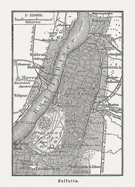Old city map of Kolkata (Calcutta), wood engraving, published in 1897