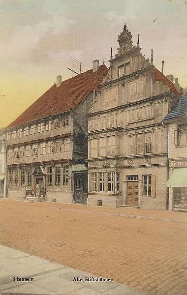 Old Collegiate Houses in Hameln, Lower Saxony, Germany, postcard with text, view around ca 1910, historical, digital reproduction of a historical postcard, public domain, from that time, exact date unknown