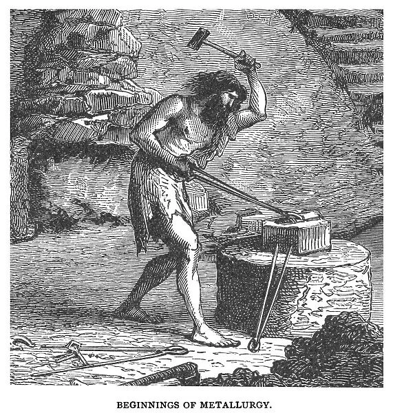 Old engraved illustration of beginnings of metallurgy - Primitive Smithy
