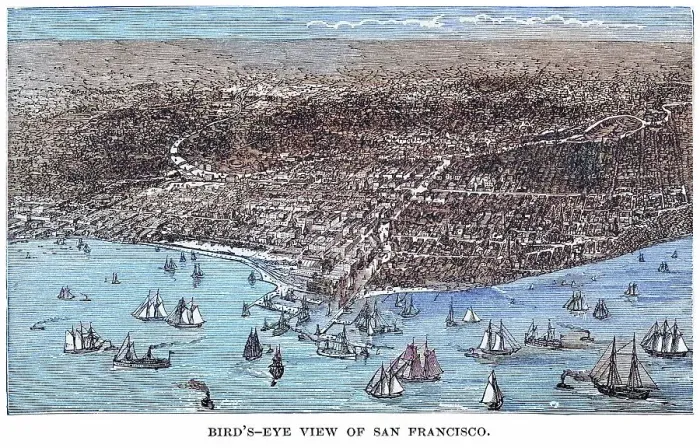 Framed Print : Old engraved illustration of bird's eye view of San Francisco City, California Framed Print : Old engraved illustration of bird's eye view of San Francisco City, California