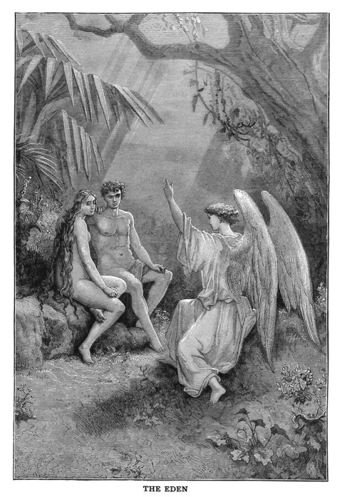 Framed Print : Old engraved illustration of The Conference With The Angel Raphael (Gustave Dore) The Garden of Eden