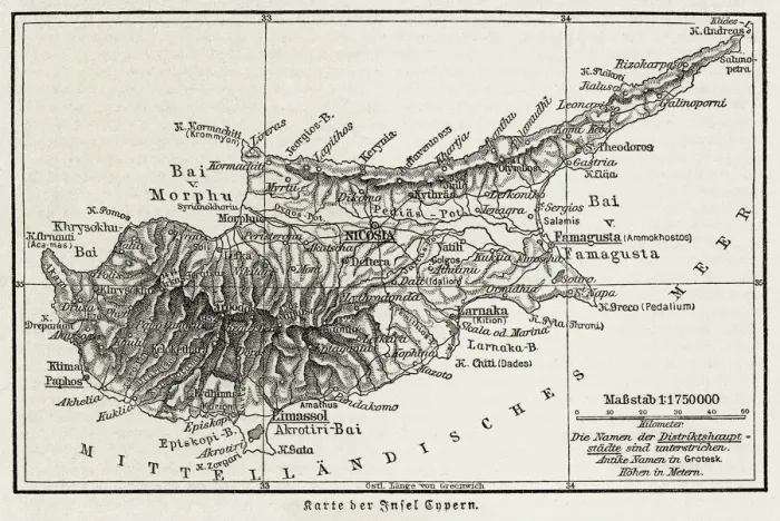 Framed Print : Old engraved illustration of Cyprus, island country in the eastern Mediterranean Sea south of the Anatolian Peninsula Framed Print : Old engraved illustration of Cyprus, island country in the eastern Mediterranean Sea south of the Anatolian Peninsula