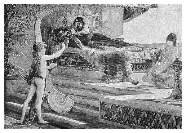 Old engraved illustration of David calming the wrath of Saul