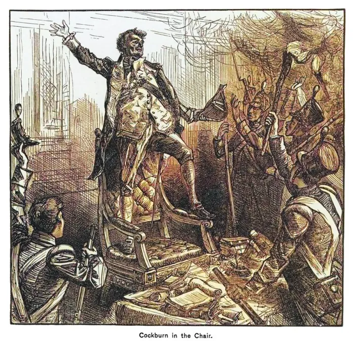 Framed Print : Old engraved Illustration of English Admiral George Cockburn In The Chair Of The Speaker Of The House Of Representatives During The Burning Of Washington DC On 24 August 1814 Framed Print : Old engraved Illustration of English Admiral George Cockburn In The Chair Of The Speaker Of The House Of Representatives During The Burning Of Washington DC On 24 August 1814