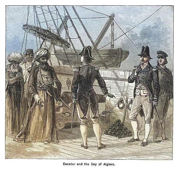 Old engraved illustration of First Barbary War 1801-1805. Stephen Decatur before the Dey Bey of Algiers