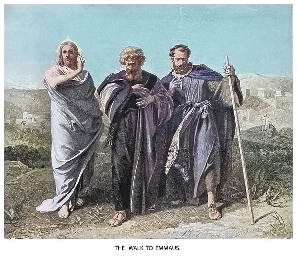 Old engraved illustration of Jesus Christ walk to Emmaus