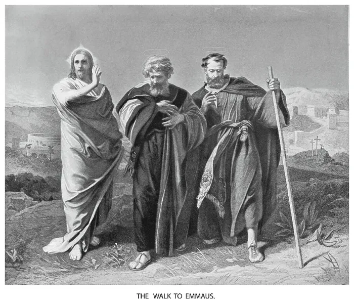 Framed Print : Old engraved illustration of Jesus Christ walk to Emmaus Framed Print : Old engraved illustration of Jesus Christ walk to Emmaus