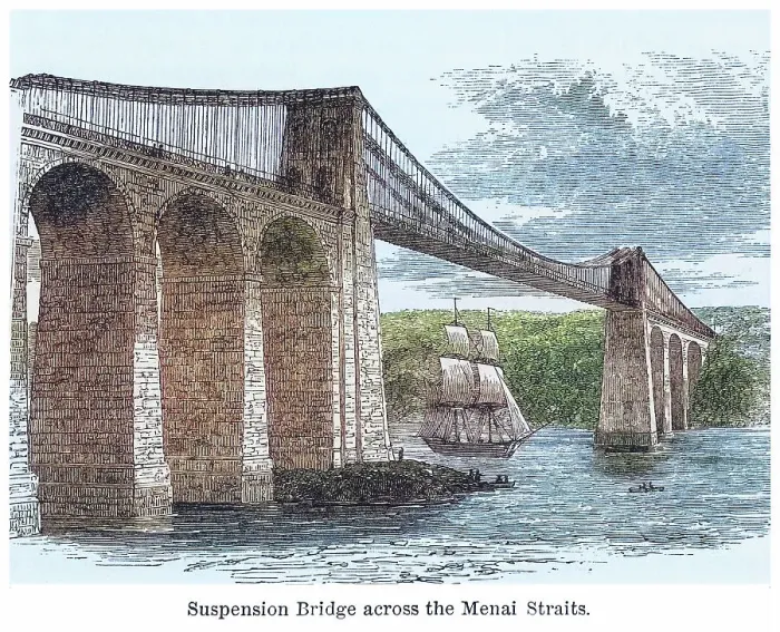 Framed Print : Old engraved illustration of the Menai Suspension Bridge, a suspension bridge spanning the Menai Strait between the island of Anglesey and the mainland of Wales