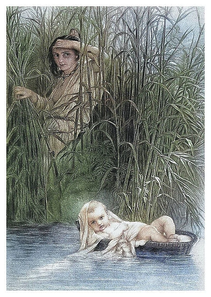 Old engraved illustration of Moses in the bulrushes