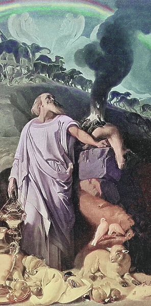 Old engraved illustration of Noah's Sacrifice after the Flood