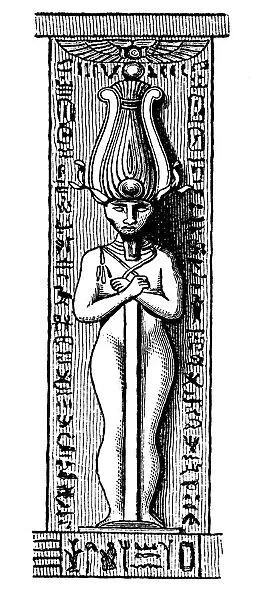 Old engraved illustration of Pillar with carving of Osiris at Medinet Habu