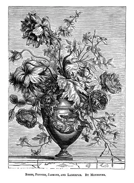 Old engraved illustration of Roses, poppies, jasmine and larkspur by Monnoyer