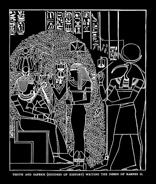Old engraved illustration of Thoth and Safekh (Seshat) writing the deeds of Ramses II