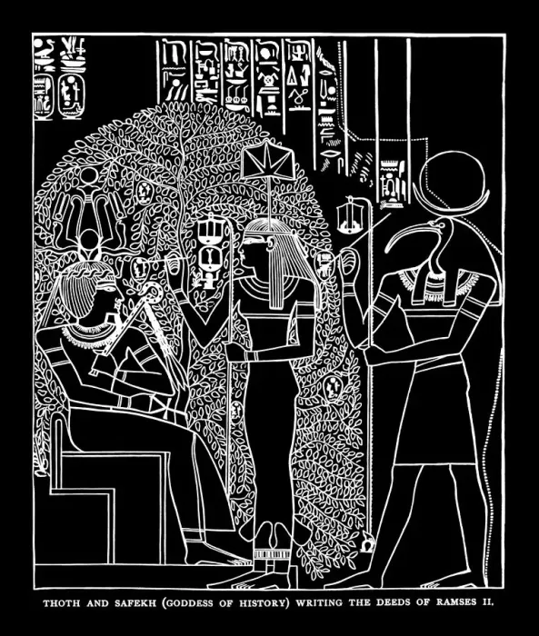 Framed Print : Old engraved illustration of Thoth and Safekh (Seshat) writing the deeds of Ramses II Framed Print : Old engraved illustration of Thoth and Safekh (Seshat) writing the deeds of Ramses II