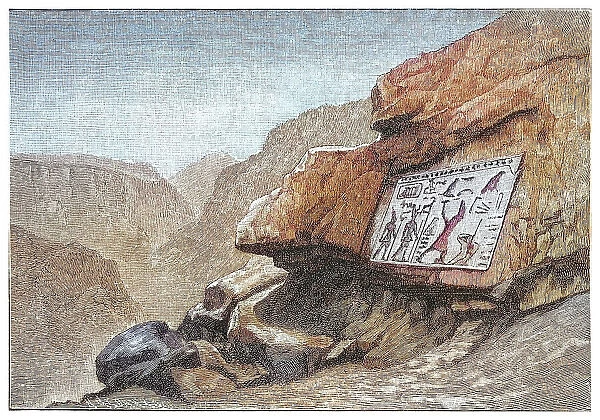 Old engraved illustration of Wadi Maghareh (Maghara or Magharah, meaning 'The Valley of Caves' in Egyptian Arabic), is an archaeological site located in the southwestern Sinai Peninsula, Egypt