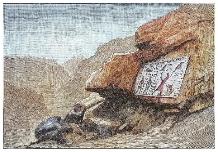 Framed Print : Old engraved illustration of Wadi Maghareh (Maghara or Magharah, meaning The Valley of Caves in Egyptian Arabic), is an archaeological site located in the southwestern Sinai Peninsula, Egypt