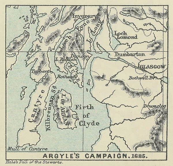 Old engraved map of Argyll's Rising, also known as Argyll's Rebellion, was an attempt in June 1685 to overthrow James II and VII