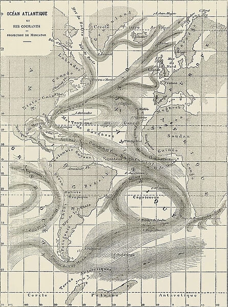 Old engraved map of Atlantic Ocean and its currents