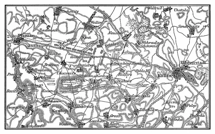 Framed Print : Old engraved map of the Battle of Kolin on 18 June 1757 saw 54, 000 Austrians under Count von Daun defeat 34, 000 Prussians under Frederick the Great during the Third Silesian War (Seven Years War)