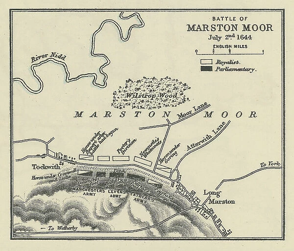 Old engraved map of Battle of Marston Moor (02. 07. 1644)