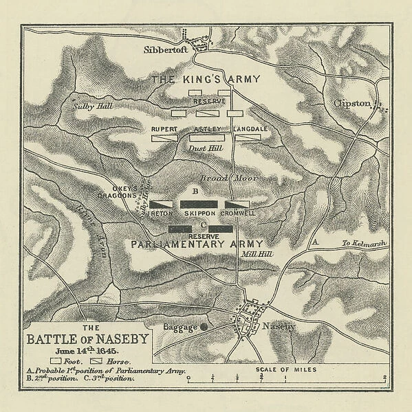 Old engraved map of Battle of Naseby (14. 06. 1645)