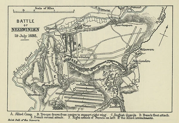 Old engraved map of Battle of Neerwinden (29. 07. 1693) - battle between the French, British, and Dutch