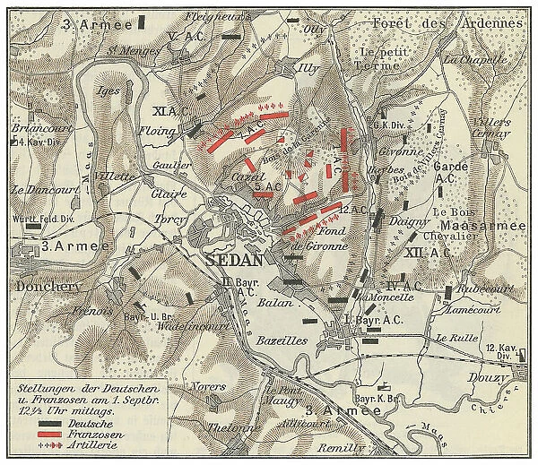 Old engraved map of Battle of Sedan, fought during the Franco-Prussian War from 1 to 2 September 1870