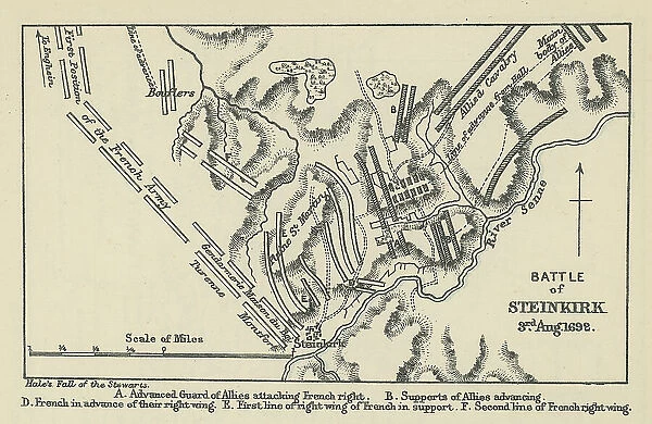 Old engraved map of Battle of Steinkirk, Steenkerke, Steenkirk or Steinkirk (03. 08. 1692) during the Nine Years War