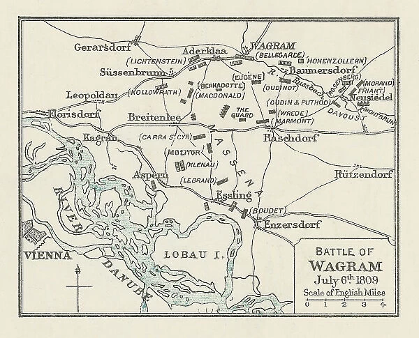 Old engraved map of Battle of Wagram (5 and 6 July 1809)