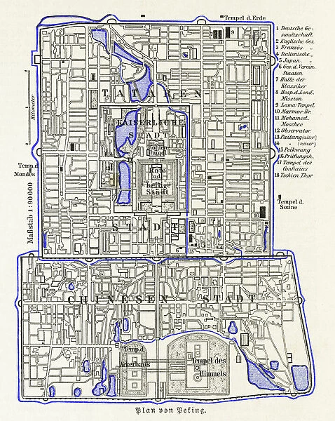 Old engraved map of Beijing city, worlds most populous national capital city, China