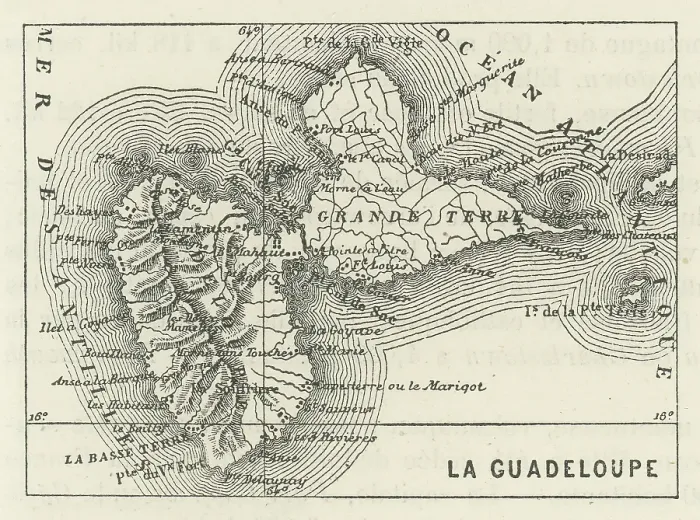 Framed Print : Old engraved map of Guadeloupe, an overseas department of France in the Caribbean Framed Print : Old engraved map of Guadeloupe, an overseas department of France in the Caribbean