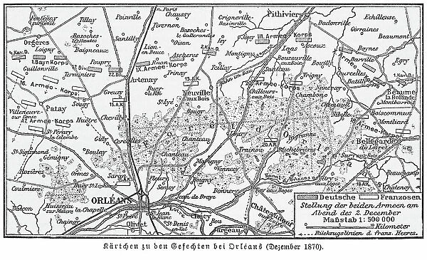 Old engraved map of Second Battle of Orleans, battle of the Franco-Prussian War of 1870
