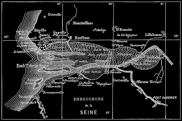 Old engraved map of Seine River, a 777-kilometre-long (483 mi) river in northern France