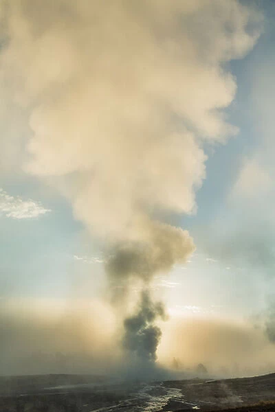 Old Faithful geyser at sunrise, Upper Geyser Basin, Yellowstone National Park, Wyoming, USA