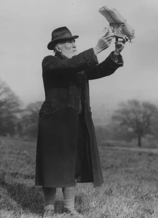 Framed Print : Old Flyer. 15th April 1907: Mr Hall with his model aeroplane Framed Print : Old Flyer. 15th April 1907: Mr Hall with his model aeroplane