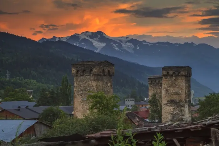 Framed Print : Old Georgian town with towers at sunset. Svaneti Framed Print : Old Georgian town with towers at sunset. Svaneti