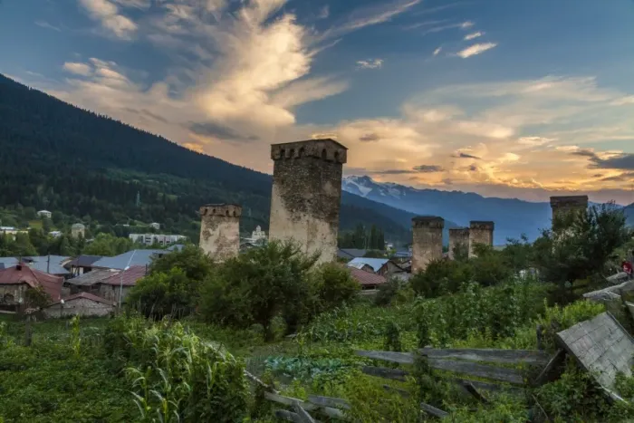 Framed Print : Old Georgian town with towers at sunset. Svaneti Framed Print : Old Georgian town with towers at sunset. Svaneti