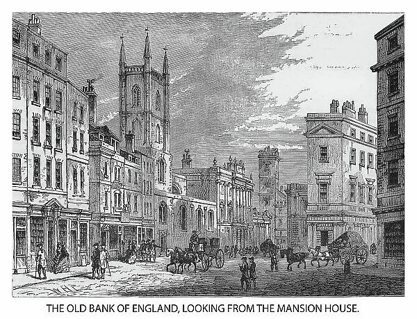 Old illustration of the Old Bank of England, looking from the Mansion House, London, England