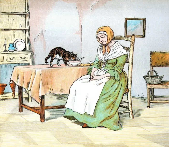Framed Print : Old lady asleep while the cat steals her breakfast Framed Print : Old lady asleep while the cat steals her breakfast