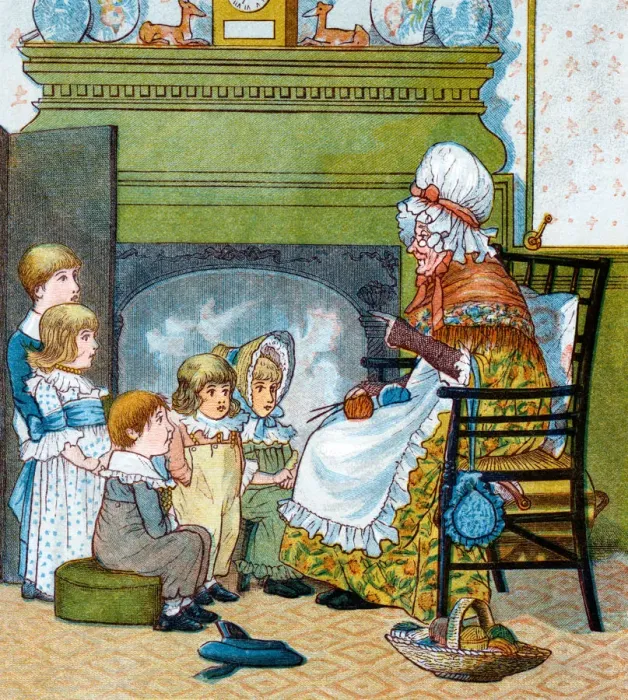 Framed Print : Old lady telling stories to children Framed Print : Old lady telling stories to children