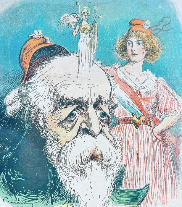 Framed Print : Old man with white beard looking depressed, a woman appears on his forehead holding an owl and a floral shield, Owl of Athena is on the one hand an affirmative symbol of prudence Framed Print : Old man with white beard looking depressed, a woman appears on his forehead holding an owl and a floral shield, Owl of Athena is on the one hand an affirmative symbol of prudence