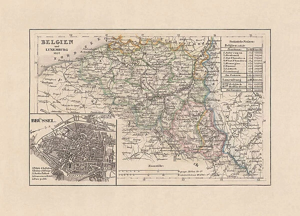 Old map of Belgium and Brussels, steel engraving, published 1857