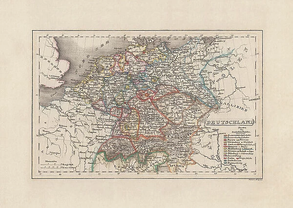 Old map of Germany, steel engraving, published in 1857