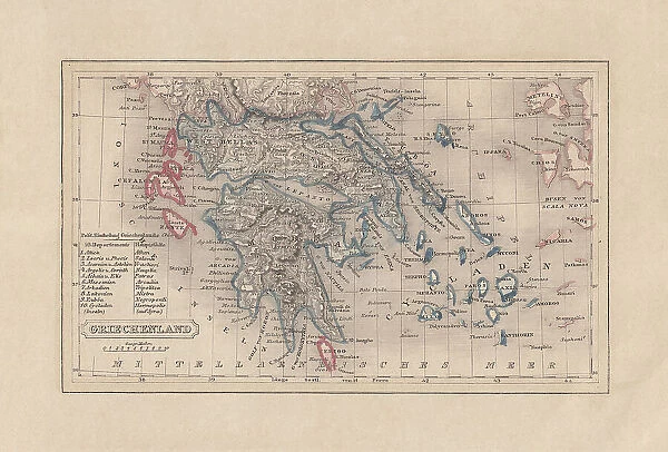 Old map of Greece, steel engraving, published 1857