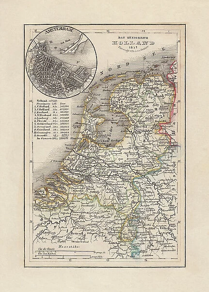 Old map of the Netherlands, steel engraving, published 1857
