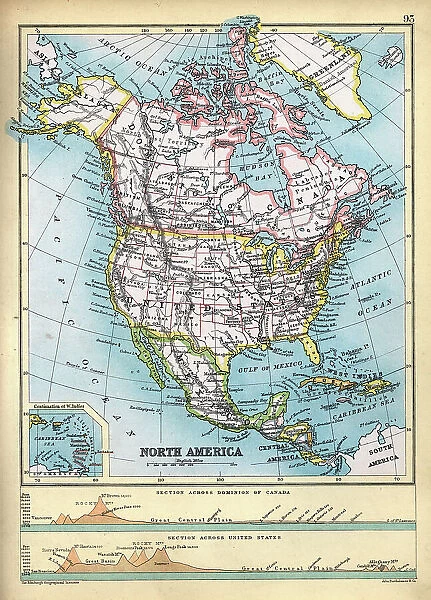 Old Map of North America, Cross section of Canada and USA, 1890s, 19th Century