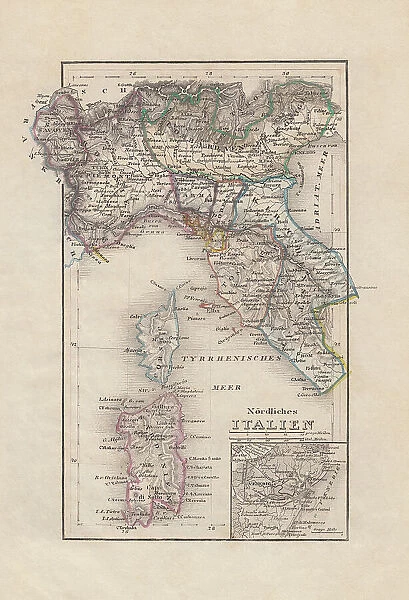 Old map of Northern Italy, steel engraving, published in 1857